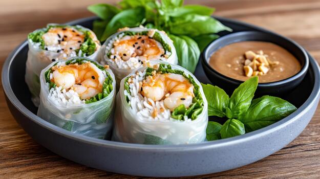 Shrimp spring rolls with peanut sauce photo