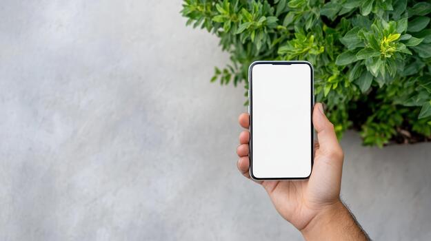 Man holding smartphone with blank screen in hand on concrete background photo