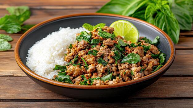 A bowl of rice and meat with lime wedges photo