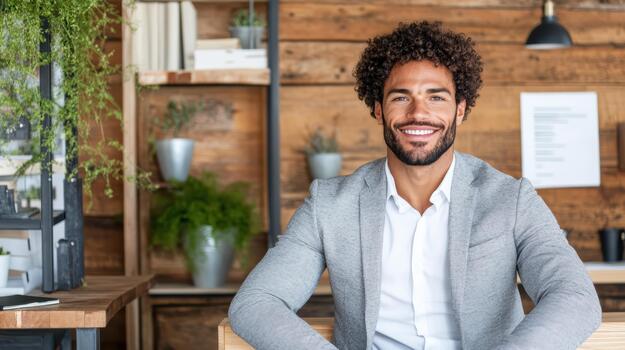 A smiling man in a business suit sitting at a desk photo