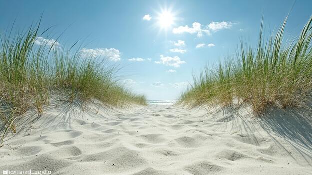 Path to the beach with grass and sun photo