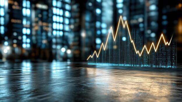 A graph is shown on a screen in front of a city skyline photo