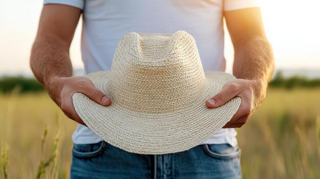 A man holding a hat in a field photo