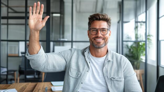 A smiling man waves to the camera while sitting at his desk photo
