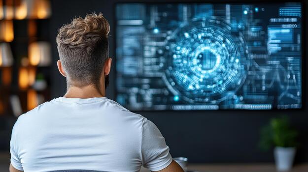 A man sitting in front of a television with a futuristic design photo