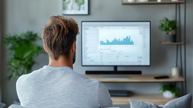 A man sitting in front of a computer screen looking at graphs photo
