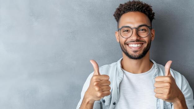A smiling man with glasses and a beard showing thumbs up photo