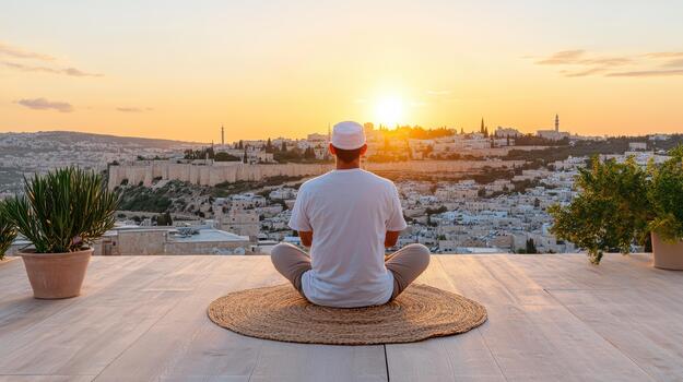 A man sitting on a mat in front of a view of the city photo