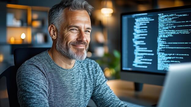 A man is smiling while sitting in front of a computer photo