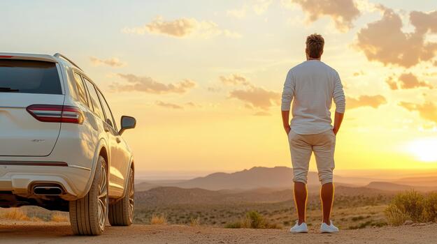 hombre en pie en frente de coche a puesta de sol foto