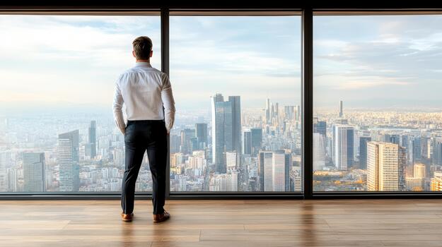 A man standing in front of a large window looking out at a city photo