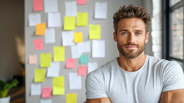 un hombre es en pie en frente de un pared con pegajoso notas en eso foto