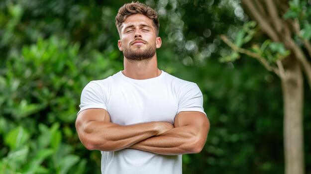 un hombre con su brazos cruzado en pie en frente de arboles foto