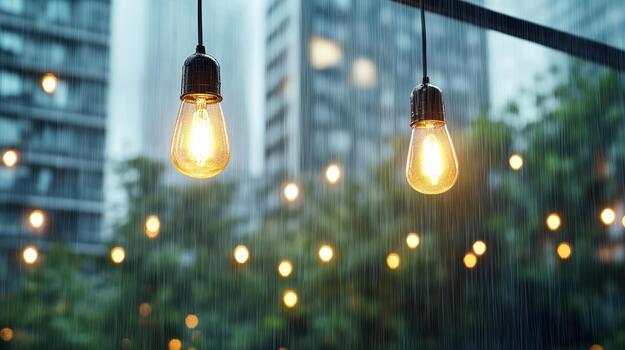 Tres ligero bombillas colgando desde un techo en el lluvia foto