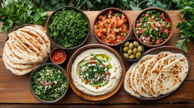 A variety of different types of food are arranged on a table photo