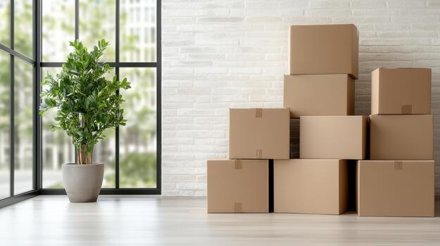 Moving boxes in an empty room with a plant photo