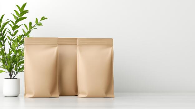 Three empty brown bags with a plant on a table photo