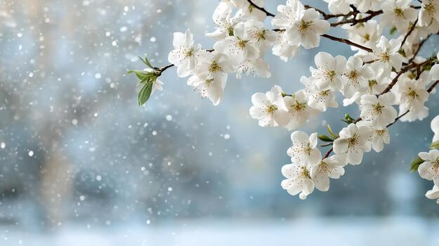 A white flowering tree with snow falling on it photo