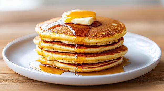 A stack of pancakes on a plate with butter photo