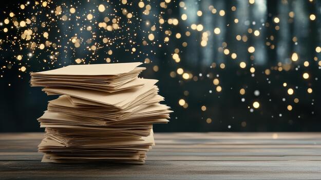 Stack of papers with sparkles on a wooden table photo