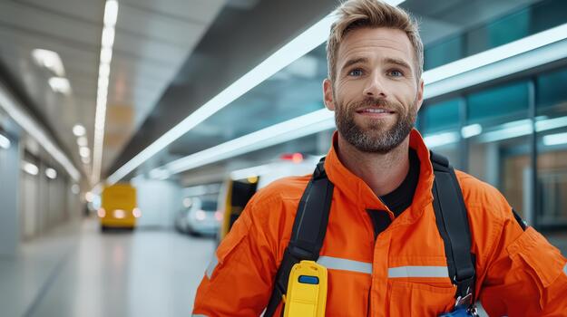 Portrait of a man in an orange uniform standing in an airport photo