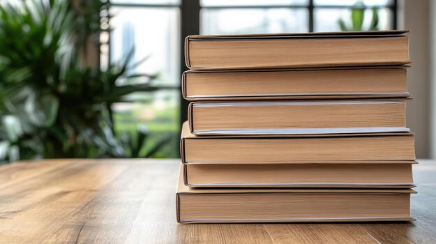 A stack of books on a table in front of a window photo