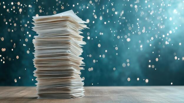 apilar de documentos en de madera mesa con azul antecedentes foto