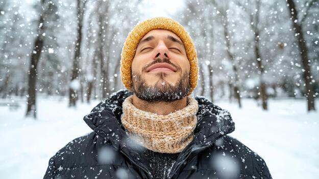 A man is standing in the snow with his eyes closed photo