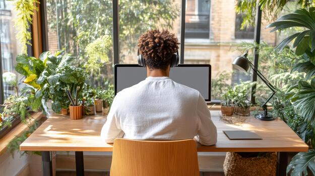 A person sitting at a desk with a computer and plants photo