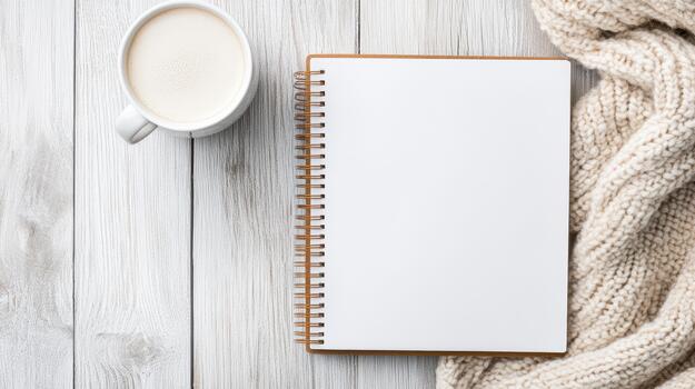 Blank notebook, cup of coffee and knitted scarf on wooden table top view photo