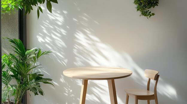 A table and chair in front of a window photo
