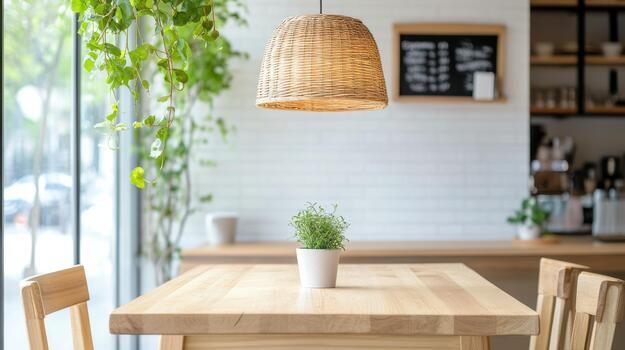 A table with chairs and a potted plant in front of a window photo