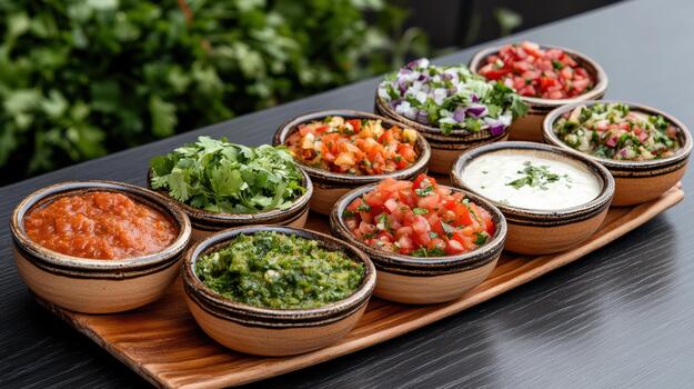A wooden tray with several bowls of different types of salsa photo