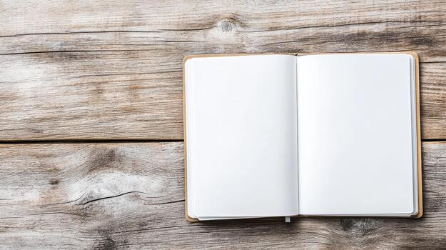 Blank notebook on wooden table top view photo