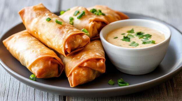 Chinese spring rolls with dipping sauce on a plate photo