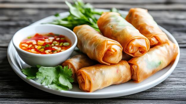 A plate of spring rolls with sauce and herbs photo