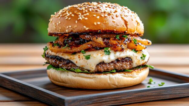 A hamburger with cheese and onions on a wooden tray photo