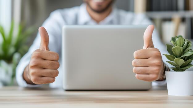 A man is showing thumbs up with a laptop photo
