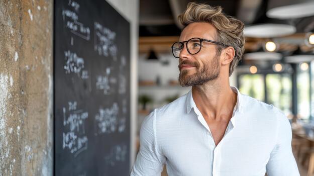 un hombre con lentes en pie en frente de un pizarra foto
