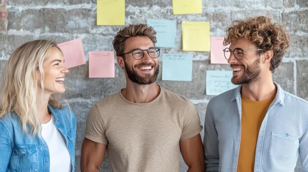Three people smiling and standing next to a wall with sticky notes photo