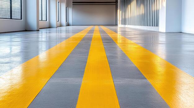 A yellow and white striped floor in an empty room photo