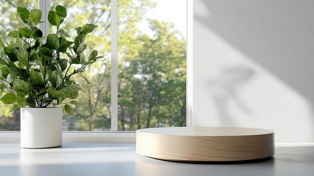 A wooden table and a potted plant in front of a window photo