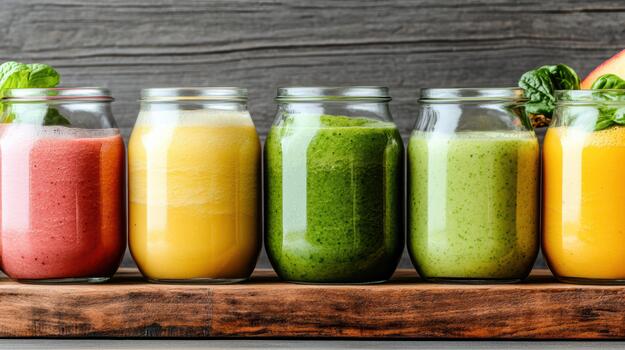 Five different types of smoothies in jars photo