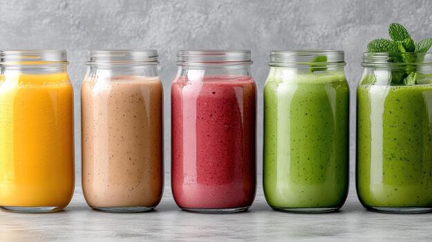 Five different types of smoothies in glass jars photo
