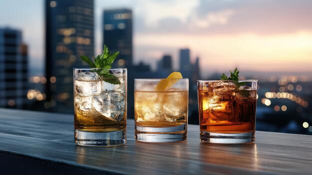 Three different types of alcoholic drinks on a table photo