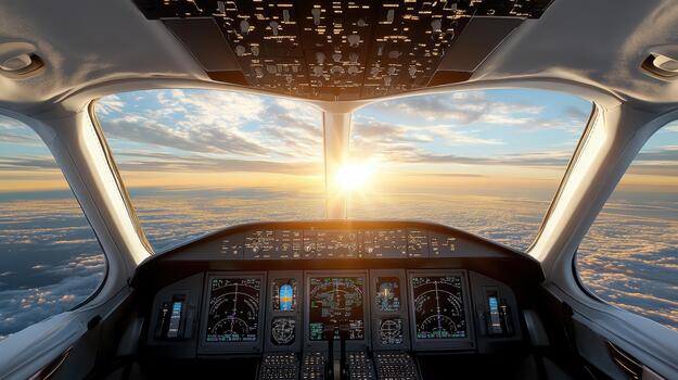 The cockpit of an airplane with the sun setting behind it photo