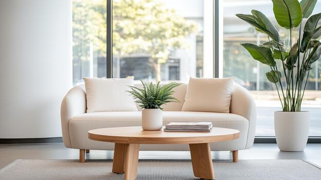 A white couch and table in front of large windows photo