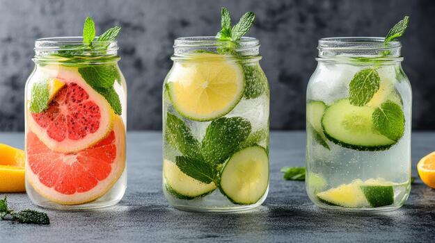 Three glass jars with water, lemon slices and cucumbers photo