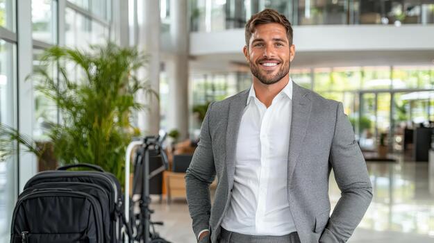 un hombre en un traje en pie en frente de equipaje foto