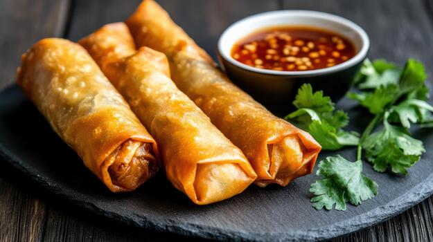 Chinese spring rolls with sauce on a black plate photo